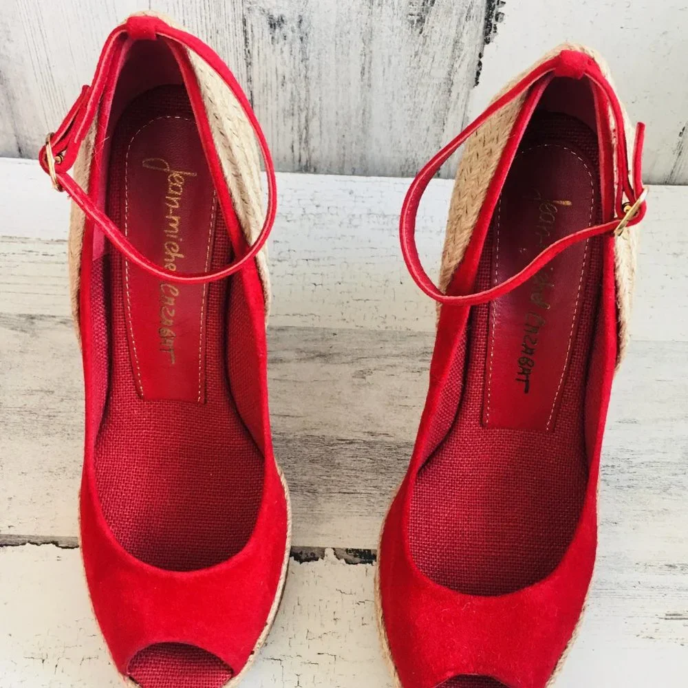 NIB Jean Michael Cazabat Zulaka Red Wedge Espadrille Ankle Strap Suede - Picture 3 of 10